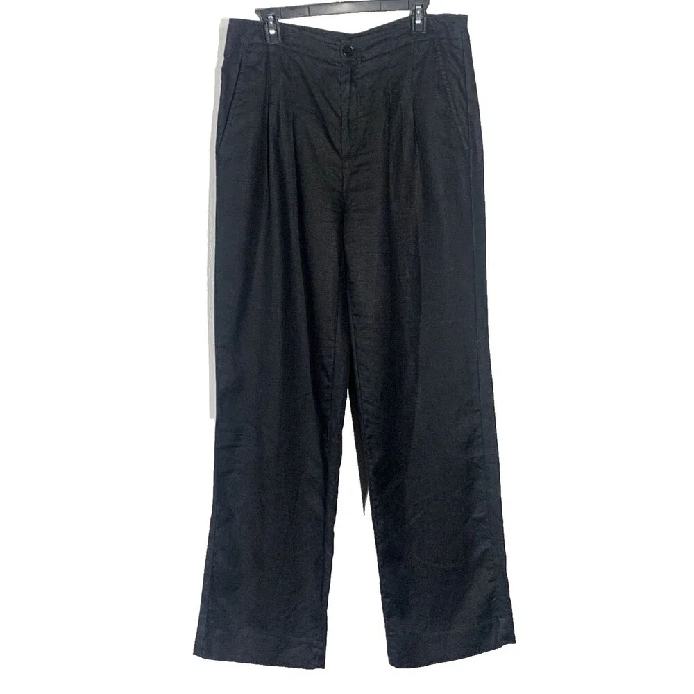Banana Republic 100% Linen Wide Leg Pants 12L Black Tall High Rise Pleated Work